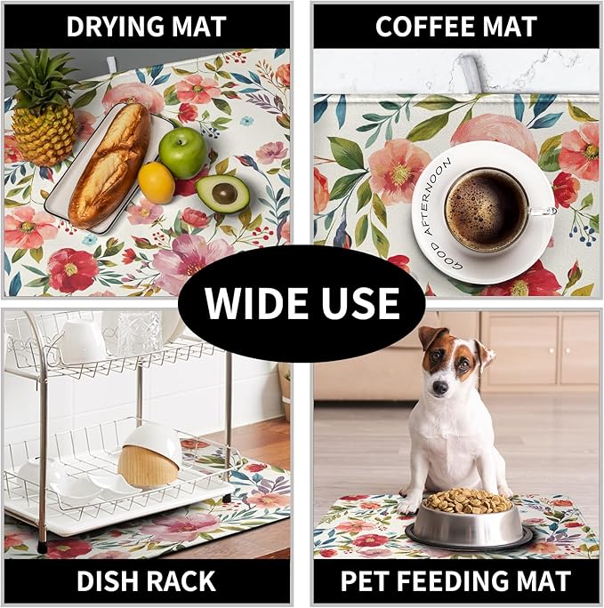 Floral Dish Drying Mat for Kitchen Counter Absorbent Microfiber Dishes Drying - Image 7