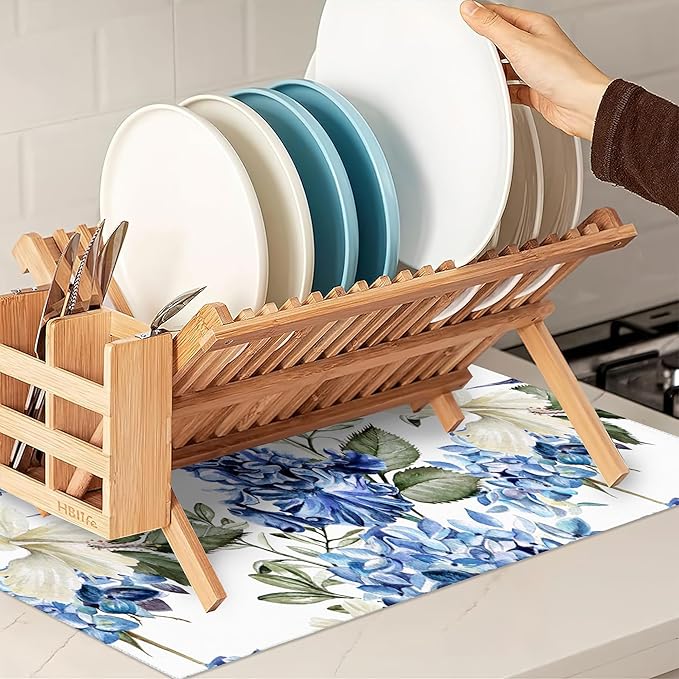 Blue Hydrangea Flowers Dish Drying Mat, Bird Drying Rack Pad Countertop Dishes - Image 7