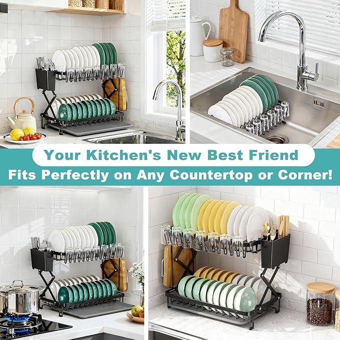 2-Tier Dish Racks for Kitchen Counter, Stainless Steel Kitchen Dish Drying Rack - Image 8