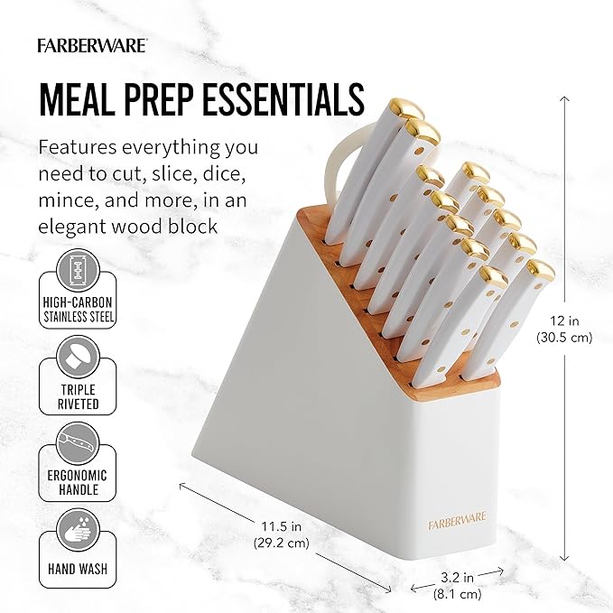 Farberware 14-Piece Knife Block Set, High-Carbon Stainless Steel, Triple-Riveted - Image 4
