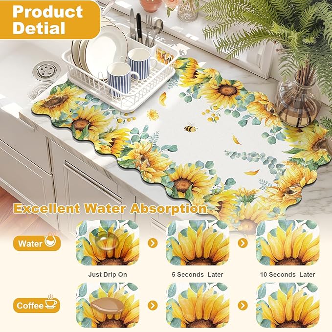 LOKHOM Scalloped Floral Dish Drying Mat, Cuttable Hide Stain Non-slip Drying Mat - Image 3