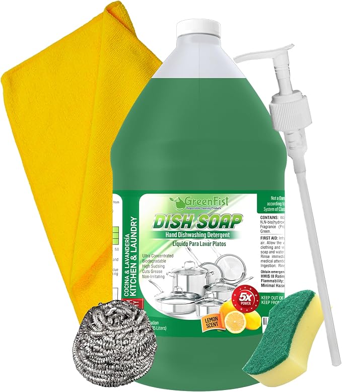 GreenFist Dish Soap Ultimate Kitchen Kit – Pump, Towel, Sponges & Scrubbers, Complete Cleaning Bundle – 1 Gallon, Lemon Scent (1 Gallon + Sponge & Towel Kit)
