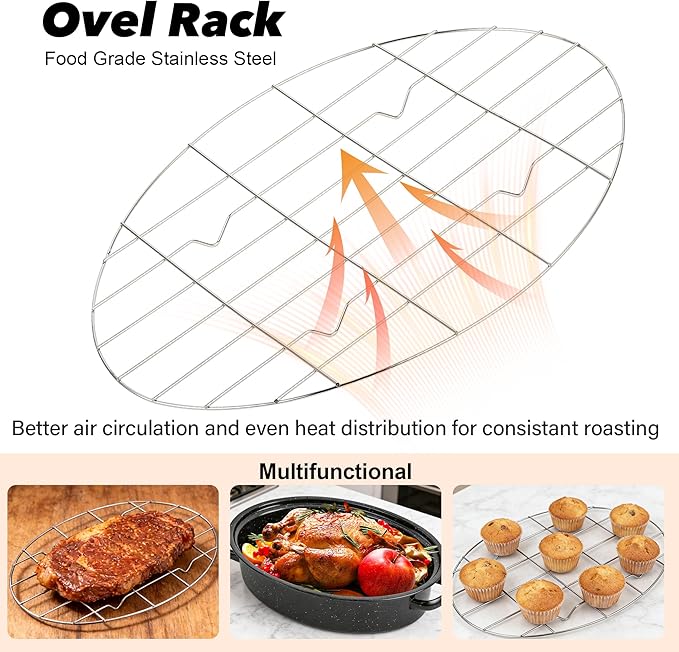 18” Roaster Pan with Lid and Rack, Large Enamel Roaster Pan with Oval Roasting - Image 5