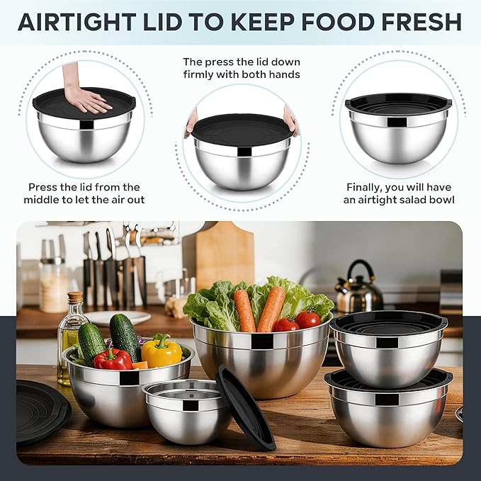 E-far Mixing Bowls With Lids Sets of 5, 10-Piece Stainless Steel Salad Metal - Image 6