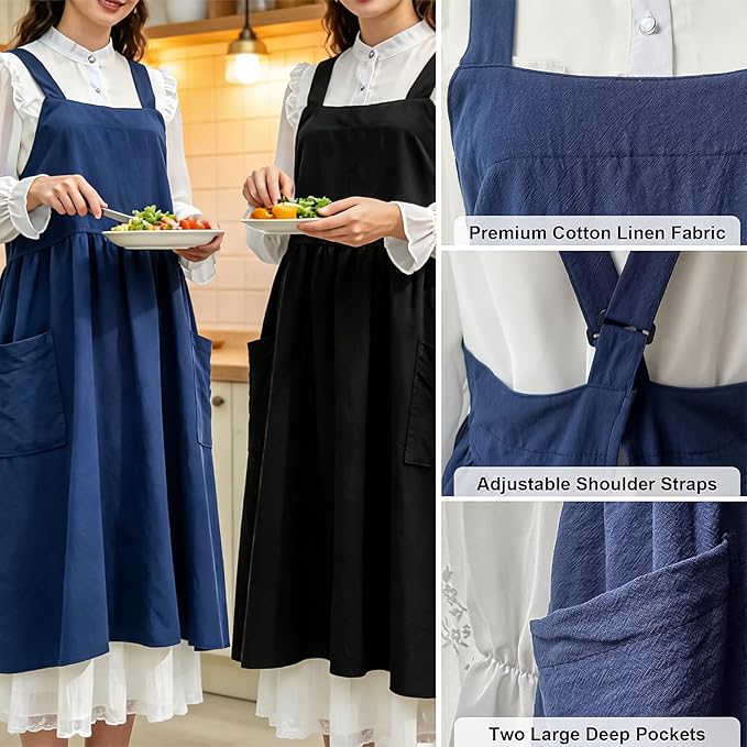 Uaussi Cotton Linen Apron Cross Back Work Apron - Image 2