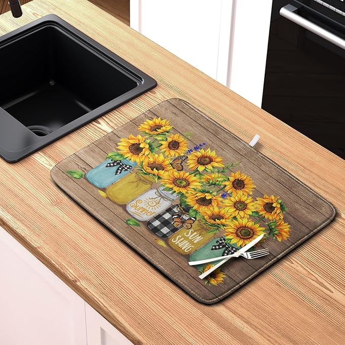 Sunflower Dish Drying Mat for Kitchen 16x18 Inch Counter Rustic Vintage Floral - Image 6