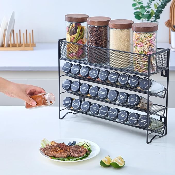 Spice Rack Organizer with 27 Spice Jars with Black Lids, Spice Labels, - Image 4