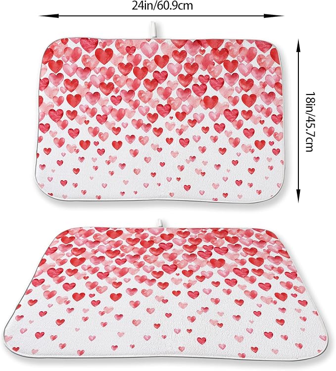 Valentines Dish Drying Mat 18x24 Inch Watercolor Red Pink Love Hearts Drying - Image 2