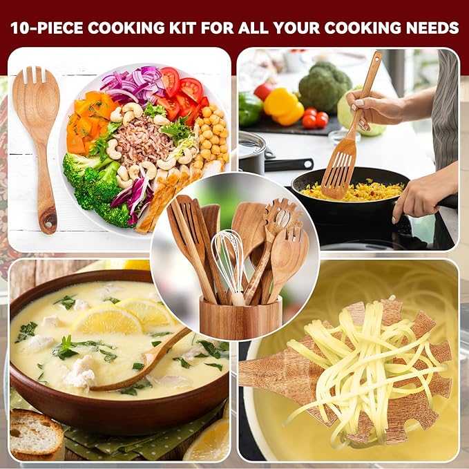 SiliFine 11 Pcs Wooden Kitchen Utensils Set - Image 5