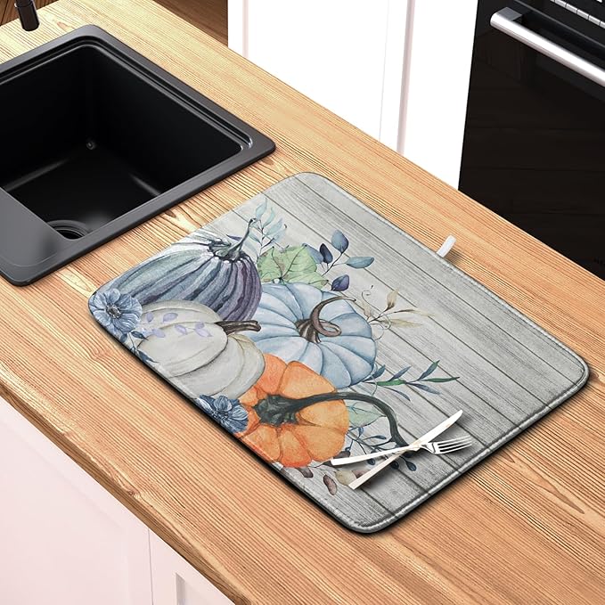 Fall Blue Orange Grey Pumpkin Kitchen Dish Drying Mat - Image 6