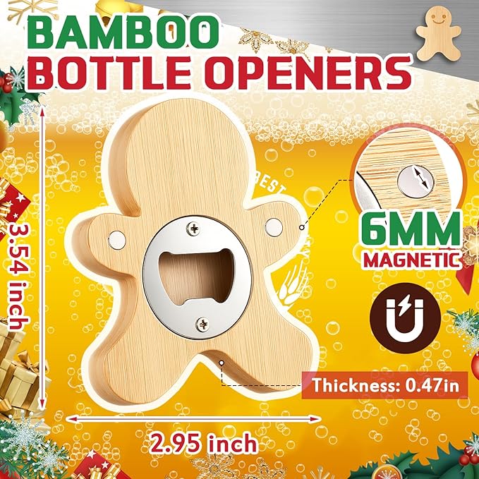 Vesici 12 Pcs Magnetic Bottle Opener 2.5in DIY Bamboo Gingerbread Man Shape - Image 3