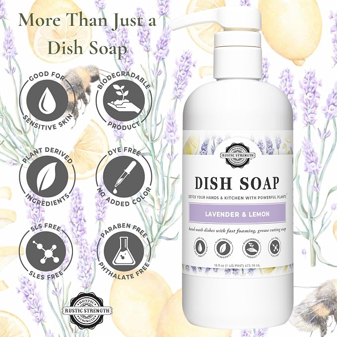 Rustic Strength Natural Dish Soap, Lavender & Lemon Scent, 16 fl oz | Plant-Based Formula, Cuts Grease, No Harsh Residue, Streak Free Clean Rinsing