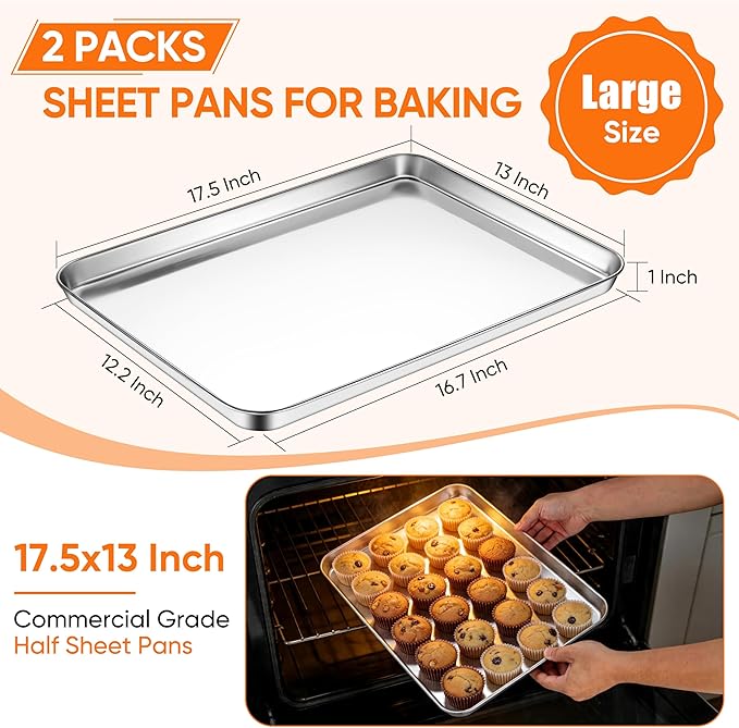 LIANYU 2 Pack Stainless Steel Cookie Sheet Pans, Commercial Grade Baking Sheet - Image 2