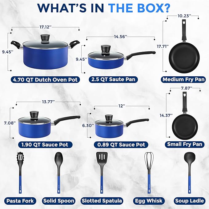 SereneLife 15-Pc Blue Nonstick Cookware Set, Heat-Resistant Pots & Pans Set - Image 3