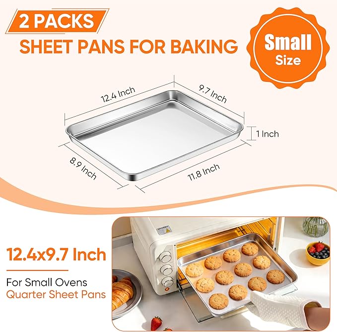 LIANYU Stainless Steel Baking Sheet Pans of 2, 12.4x9.7 Inch Quarter Sheet Pan - Image 2