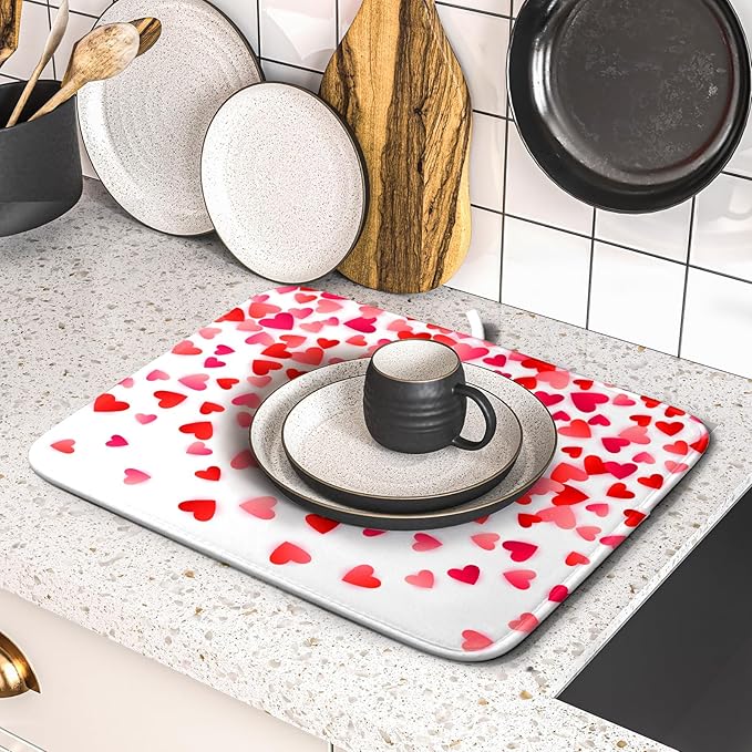 Valentines Dish Drying Mat for Kitchen Counter Hearts Holiday Microfiber - Image 5