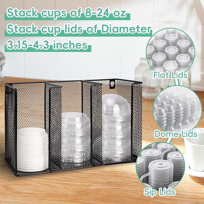 Wall Mount Coffee Cup Lid Holder Organizer 3 Compartments Coffee Cup Lid - Image 4