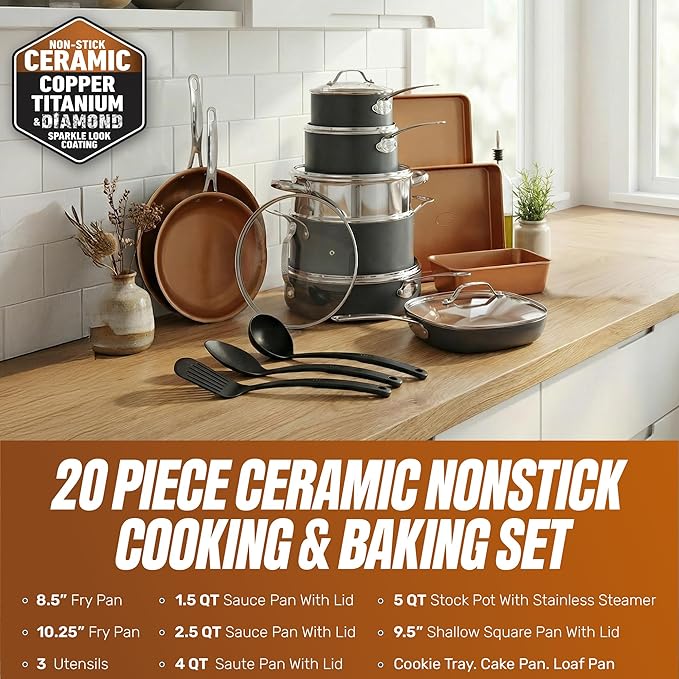 GOTHAM STEEL 20 Pc Ceramic Cookware Set, Copper Pots and Pans Set Non Stick - Image 2