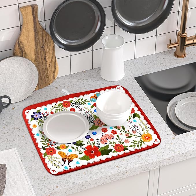 Flowers Printed Dish Drying Mat Floral Coffee Mat - Image 6