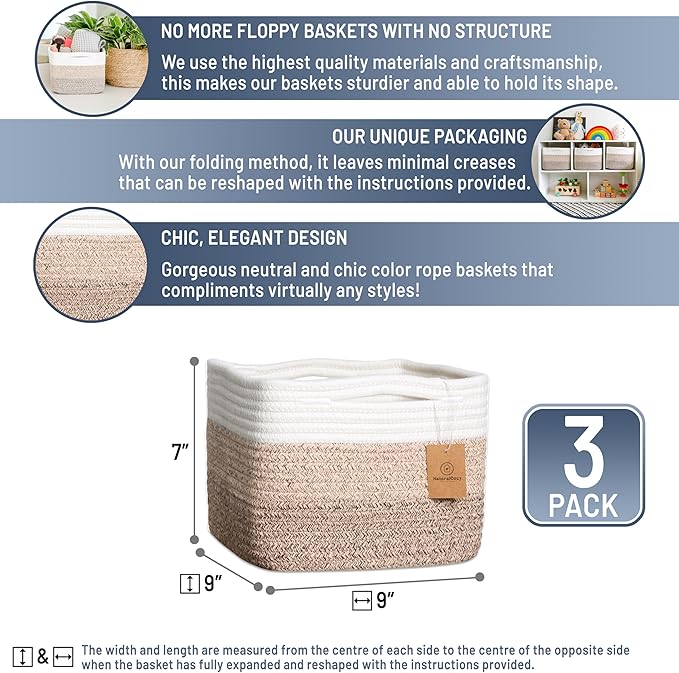 NaturalCozy Storage Cubes 9”x9”x7”Cotton Rope Woven Baskets - Image 2