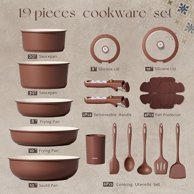 CAROTE 19Pcs Ceramic Cookware Set, Pots and Pans Set Non stick, Non Toxic - Image 2