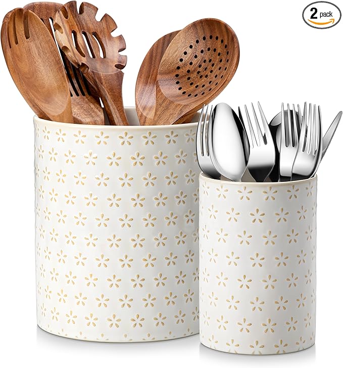 MALACASA LYDIA Ceramic Utensil Holders, 7.3"+5.5" Kitchen Utensil Crock Set by MALACASA