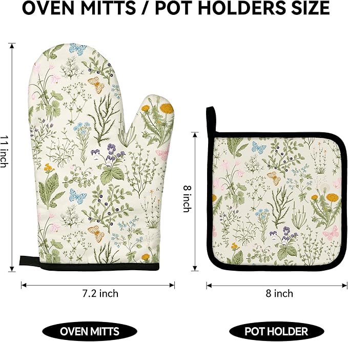 Vintage Wild Floral Oven Mitts and Pot Holders Sets Green Botanical Butterfly - Image 2