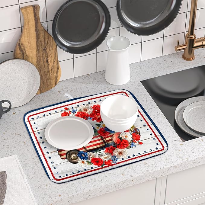 American Flag Dish Drainer Mat Flowers Absorbent Dish Rack Pad - Image 6