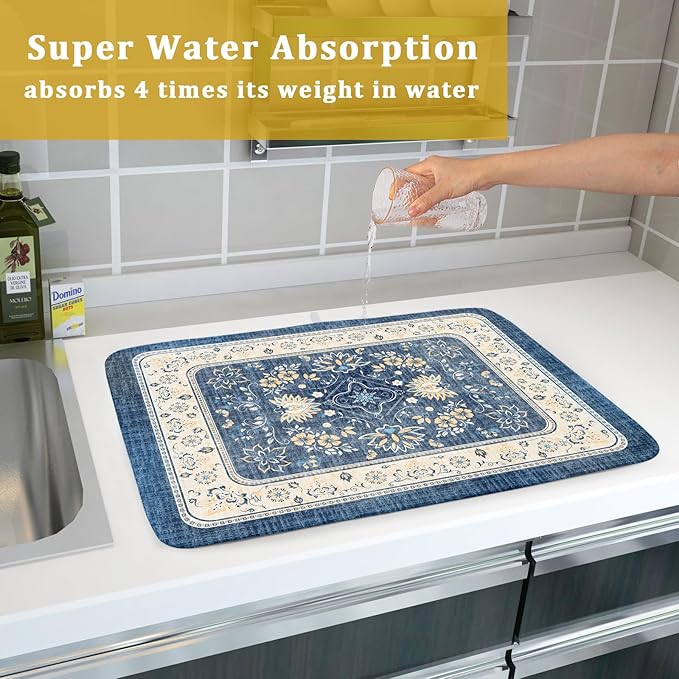 Blue Boho Dish Drying Mat for Kitchen Counter 18x24 Inch Fast Dry Drying Pad - Image 7