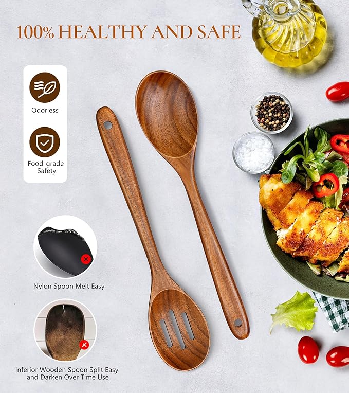 2Pcs Wooden Spoons for Cooking, Natural Premium Teak Wooden Spoon & Slotted - Image 5