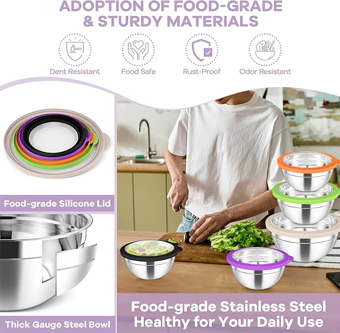 TeamFar Mixing Bowl Set, 4.5/3/1.5/1/0.7 QT Stainless Steel Nesting Salad Bowls - Image 6