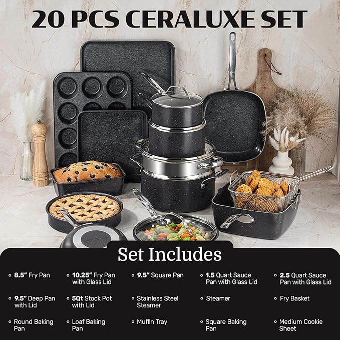Granitestone Ceraluxe 20 Pc Ceramic Cookware Set Nonstick, Complete Pots and - Image 2