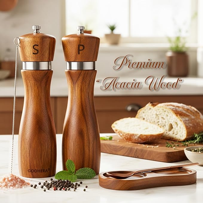 Premium Acacia Wood Salt & Pepper Grinder Set, 8-Inch Manual Mills - Image 2