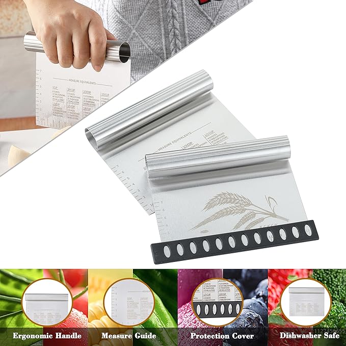 2PCS Dough Pastry Bench Cutter Scraper, OLULU Stainless Steel Kitchen Food - Image 3