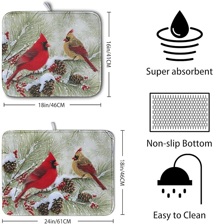 Winter Dish Drying Mat for Kitchen Counter 16x18 Inch Christmas Red Birds - Image 2