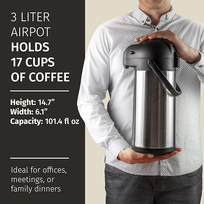 Airpot Coffee Dispenser with Pump & Tray - 102oz/3L Coffee Carafe with Pump - - Image 6