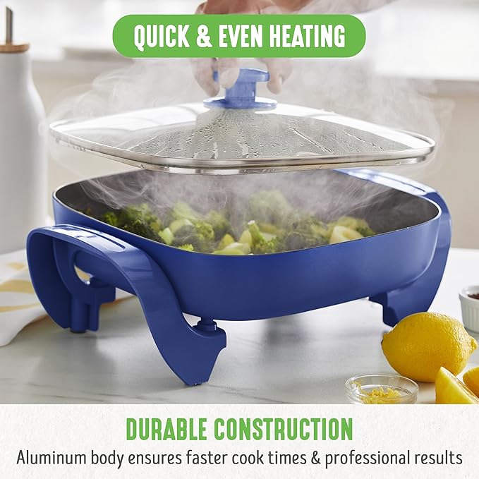GreenLife 12" 5QT Square Electric Skillet, Glass Vented Lid, Ceramic PFAS-Free - Image 6