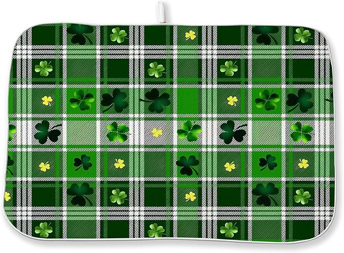 St Patricks Day Dish Drying Mat 18x24 Inch Green Lucky Shamrock Buffalo Plaid by DAFENA