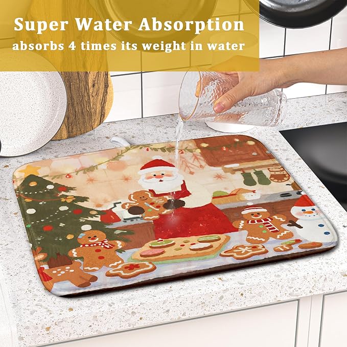 Christmas Dish Drying Mat for Kitchen Counter 16x18 Santa Claus Gingerbread - Image 7