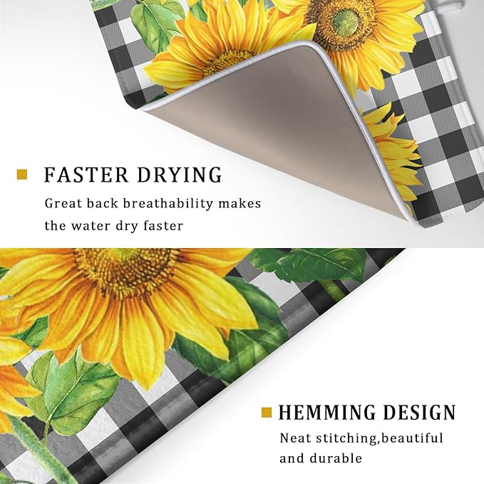 Sunflower Dish Drying Mat for Kitchen Counter Black White Buffalo Plaid - Image 3
