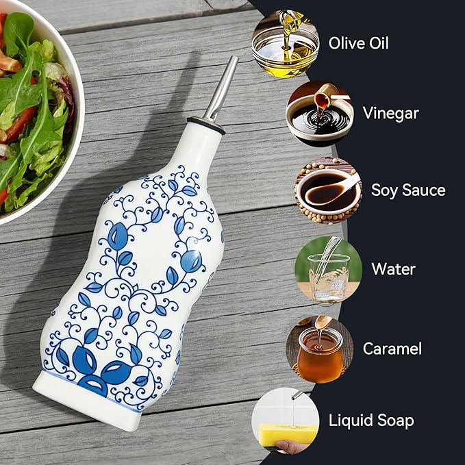 Ceramic Oil Dispenser 16oz, Square Blue and White Olive Oil Bottle - Image 4