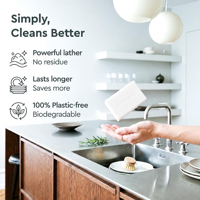 ZeroWastely Natural Dish Soap Bar - Value Pack of 3 Solid Soap Block 16oz - UnScented, Long Lasting, Skin Friendly - Sustainably Made from 100% Organic Ingredients - Plastic Free Dish Soap