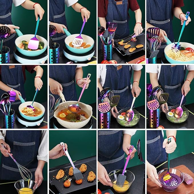 Rainbow Kitchen Utensils Set, 13 Pieces Stainless Steel Cooking Utensils Set - Image 7