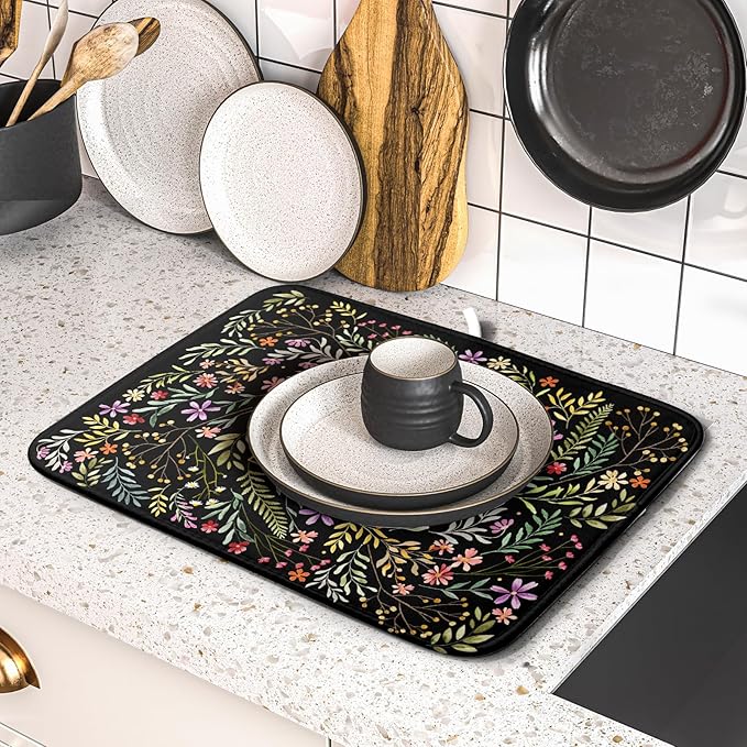 Absorbent Dish Drying Mat Colorful Flowers Microfiber Pad - Image 5