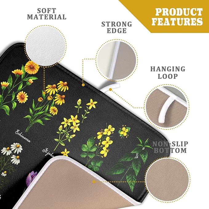 Black Flower Herbs Dish Drying Mat 16x18 Inch Botanical Floral Microfiber - Image 4