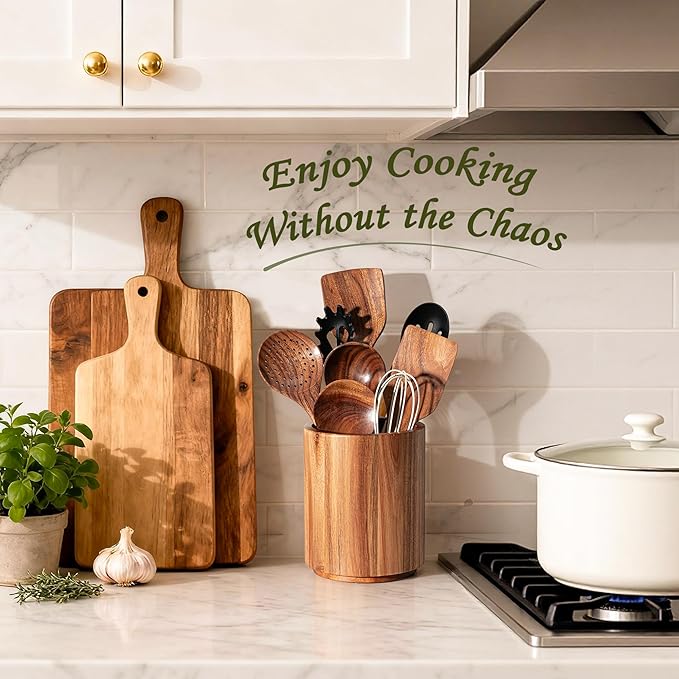 Criusia Utensil Holder 2 Pack, 360° Rotating Acacia Wood Cooking Utensil Crocks - Image 4