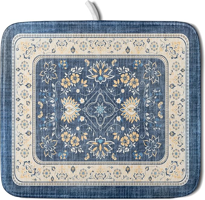 Blue Boho Dish Drying Mat for Kitchen Counter 16x18 Inch Fast Dry Drying Pad by Giwawa