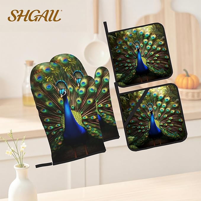 Peacock Pattern Oven Gloves and Hot Pads Set - Image 2