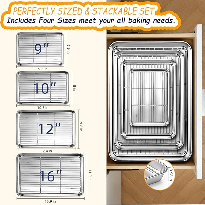 Baking Sheet Pan Set of 8, CEKEE Stainless Steel Cookie Sheets - Image 3