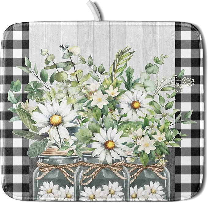 Spring Summer White Daisy Flowers Dish Drying Mat by Kawani
